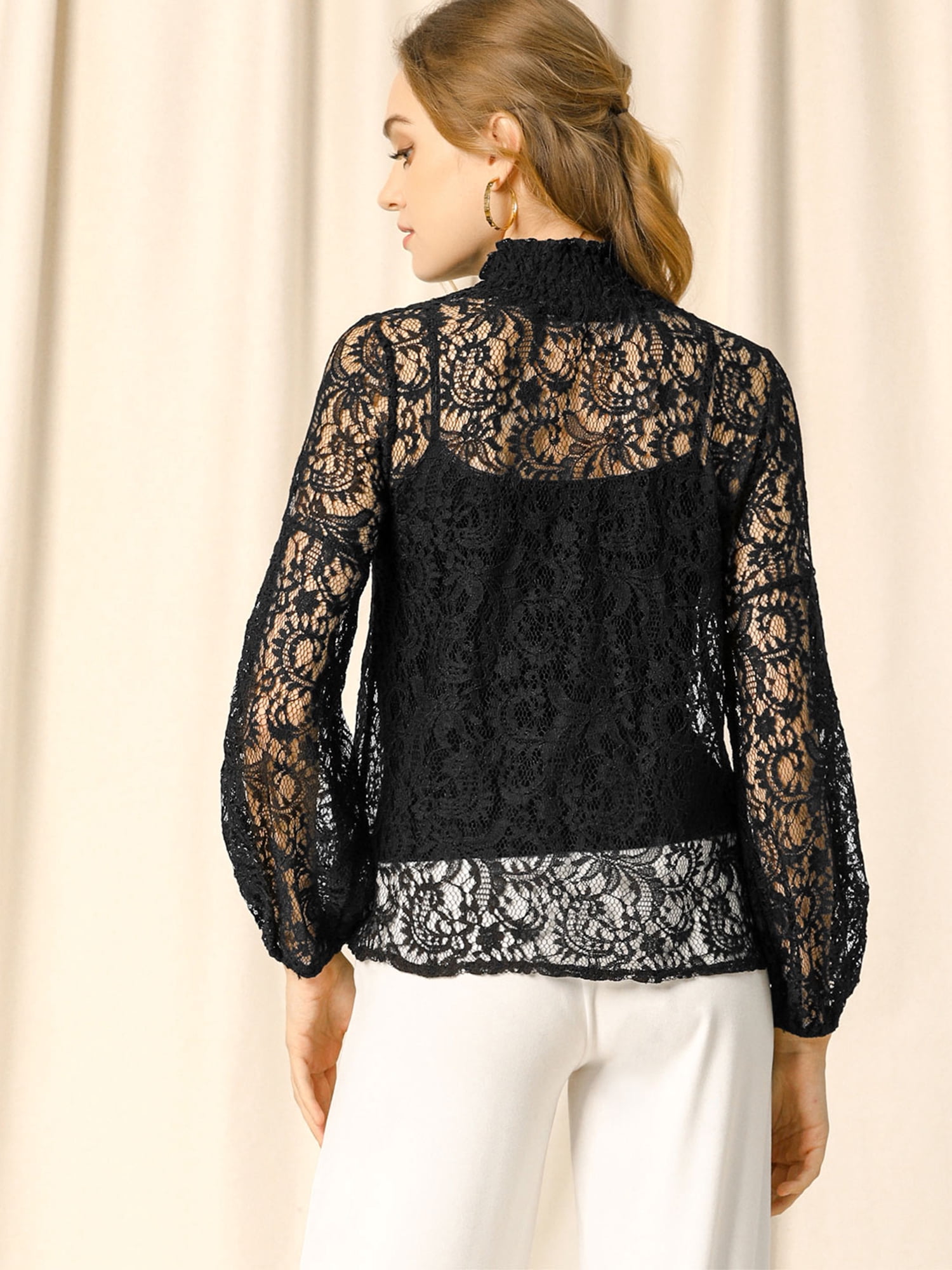 DARING DIVA Lace Elastic Cuff Long Sleeves Vintage Blouse 2XL Black