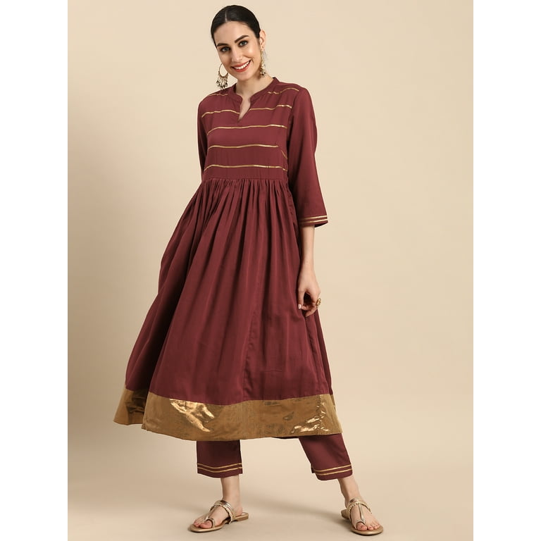 Anouk By Myntra Kurti Set For Women Indian Style V Neck Maroon Striped Pure Cotton Calf Length Empire Sequinned Kurta with Trousers Kurti Set Party