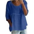 thumbnail image 3 of Feancey Linen Blouses for Women 3/4 Sleeve Dressy Casual Tops Solid Color Loose Beach Shirts Summer Vacation Clothes Navy L, 3 of 7