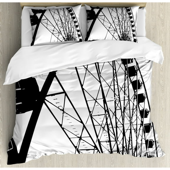 Ferris Wheel Duvet Cover Set Queen Size, Close Up Drawing of a Fairground Ride in Modernistic Monochrome Style, Decorative 3 Piece Bedding Set with 2 Pillow Shams, Charcoal Grey White, by Ambesonne