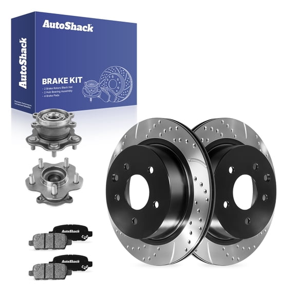 AutoShack Rear Brake Rotors, Ceramic Pads & Hub Bearing Assemblies for Nissan, Rogue Select 2014-2015, AWD L4 2.5L - E-Coated Drilled & Slotted - ShadowGuard - 11.49" (291.8 mm), 5-Lug
