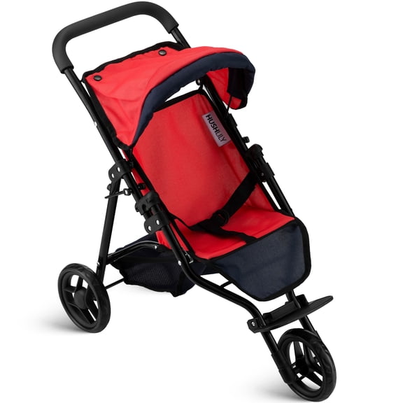 HUSHLILY - Baby Doll Jogger Stroller with Adjustable Canopy & Basket, Foldable, with Smooth Rolling Wheels, Red & Denim Blue