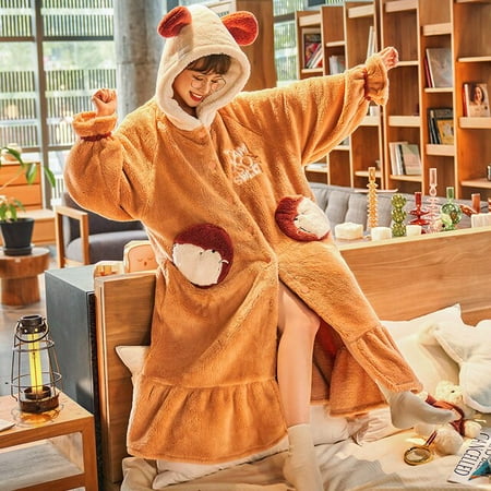

PIKADINGNIS FUNISHI Winter Pajamas Night-robe Women Sleepwear Loose Version Hooded Inspissate Cartoon Coral Fleece Keep Warm Princess Style