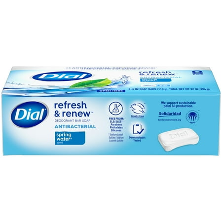 Dial Antibacterial Bar Soap, Refresh & Renew, Spring Water, 4 oz, 8 Bars