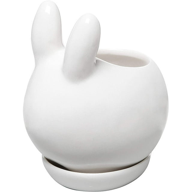 Decorative Bunny Rabbit Design White Mini Ceramic Plant Flower Pot Succulent Planter W/Saucer