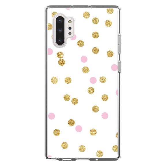 DistinctInk Clear Shockproof Hybrid Case for Galaxy Note 10 PLUS (6.8" Screen) - TPU Bumper, Acrylic Back, Tempered Glass Screen Protector - Pink & Gold Print - White / Pink / Gold Dots Pattern
