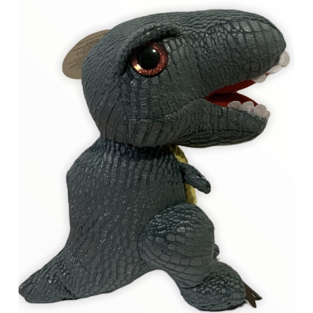 peluche ranizzima dinosaurio kraky mediano 23cm ranizzima zc21767429 dinosaurio gris; vista 3/4 derecha del peluche dinosaurio Ranizzima de 23 cm con textura escamada gris, ojo plástico brillante marrón rojizo, boca abierta con interior rojo y dientes blancos, patas cortas y cola curva, etiqueta colgante visible; suele usarse como juguete o decoración infantil.