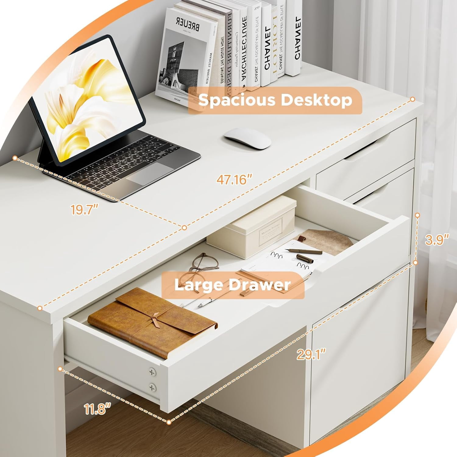 DreamCurship 48” Computer Desk with 4 Drawers, Home Office Desk for Work and Study, Writing Desk for Small Space, White