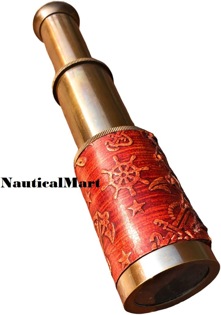 Nautical Brass Spyglass Telescope with Box, Brass Pirate Telescope, Spyglass Collapsible Monocular Decorative Telescope with Glass Optics for Kids Travellers Adventure Enthusiasts Collectible 6''