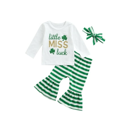 

Canrulo Infant Baby Girls St. Patrick s Day Outfits Little Miss Luck T-Shirt Top Stripe Flare Pants Headband Set White 18-24 Months