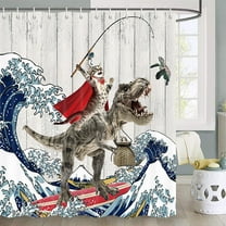 Funny Cat Shower Curtain Boys Kids Bathroom Decor, Cool Cat Ride Dinosaur Blue Ocean Shower Curtain Set Cool Cat Hilarious Shower Curtain Japanese Shower Curtain Set with Hooks Included(70X70inch)
