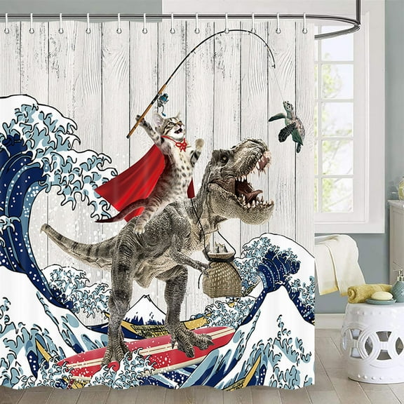 Funny Cat Shower Curtain Boys Kids Bathroom Decor, Cool Cat Ride Dinosaur Blue Ocean Shower Curtain Set Cool Cat Hilarious Shower Curtain Japanese Shower Curtain Set with Hooks Included(70X70inch)