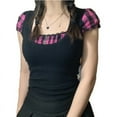 thumbnail image 2 of Xingqing Lace Plaid Patchwork Top Vintage Goth Short Sleeve Basic Sweats Shirt Cute Chic Slim Clothes Women Sweet Casual Tee, 2 of 6