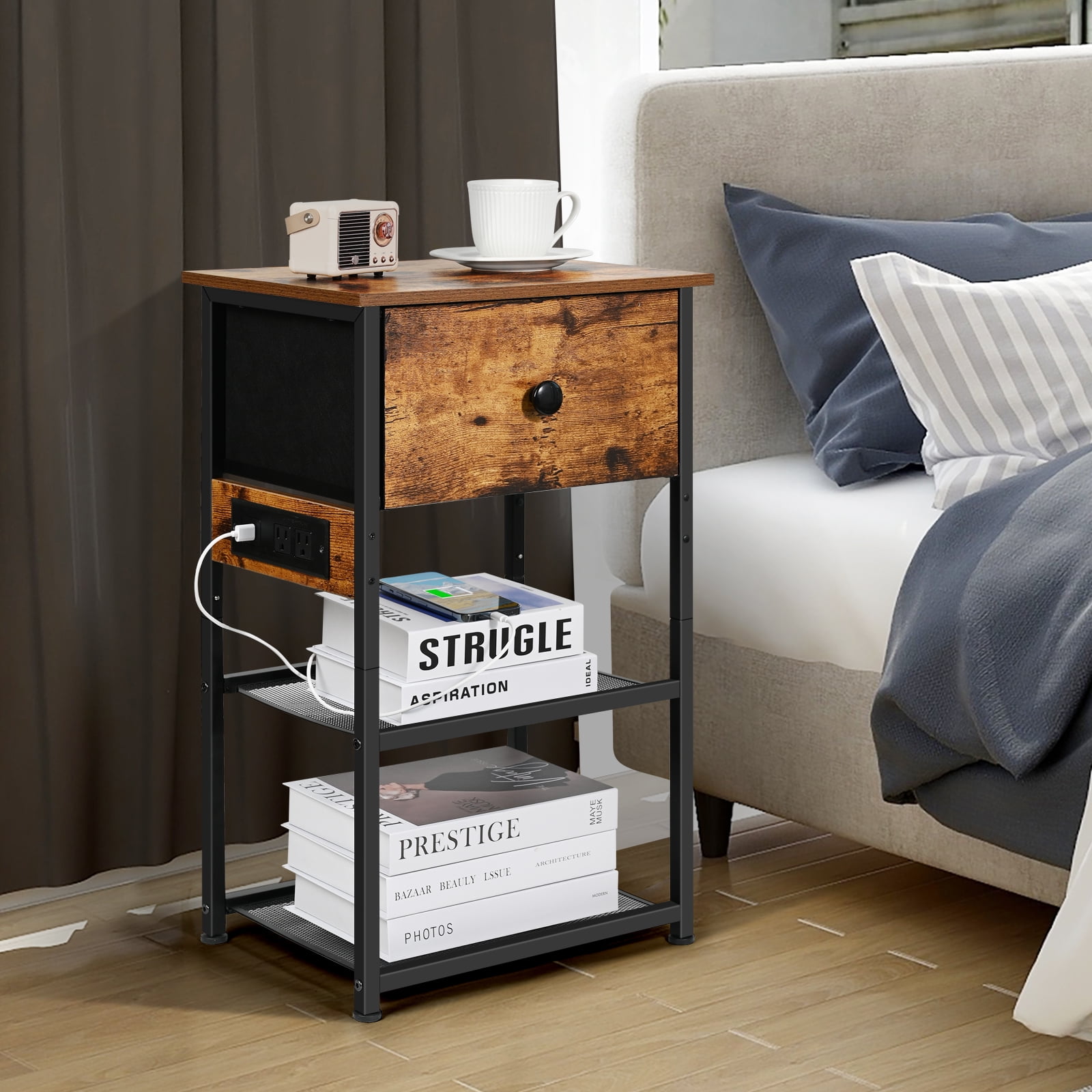Ollieroo Modern Nightstand with 2 Storage Shelves & Charging Station, Rustic Brown