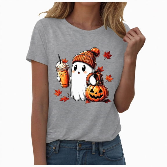 NOLDARES Halloween Shirts for Women Pumpkin Shirts Cute Fall Short Sleeve Graphic Tee Tops(Grey,XXL)