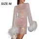 thumbnail image 2 of Vestido transparente de malla de plumas sexy para mujer Vestido de fiesta brillante con lentejuelas de moda Mini vestido de manga larga - Blanco, 2 of 6