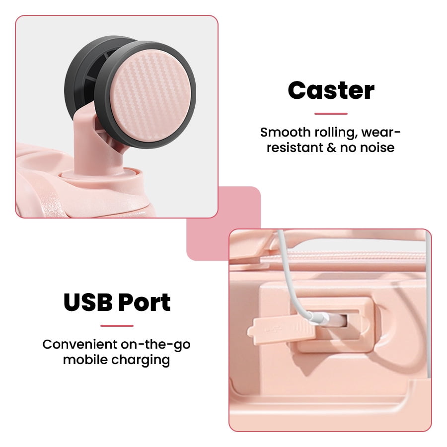 4-Piece Set ABS PC Hard Shell Luggage Travel Set with 360 Spinner Wheels,USB Charger,TSA Lock & Cup Holder,Pink