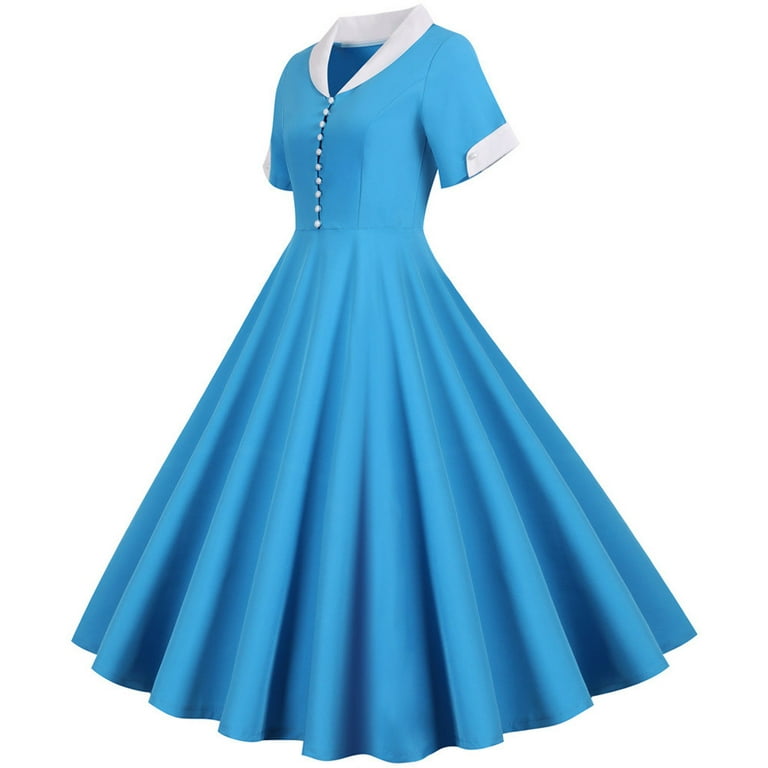 blue vintage dress amazon Lace Short Sleeve Boat Neck Swing Dress – Aisize main image 0
