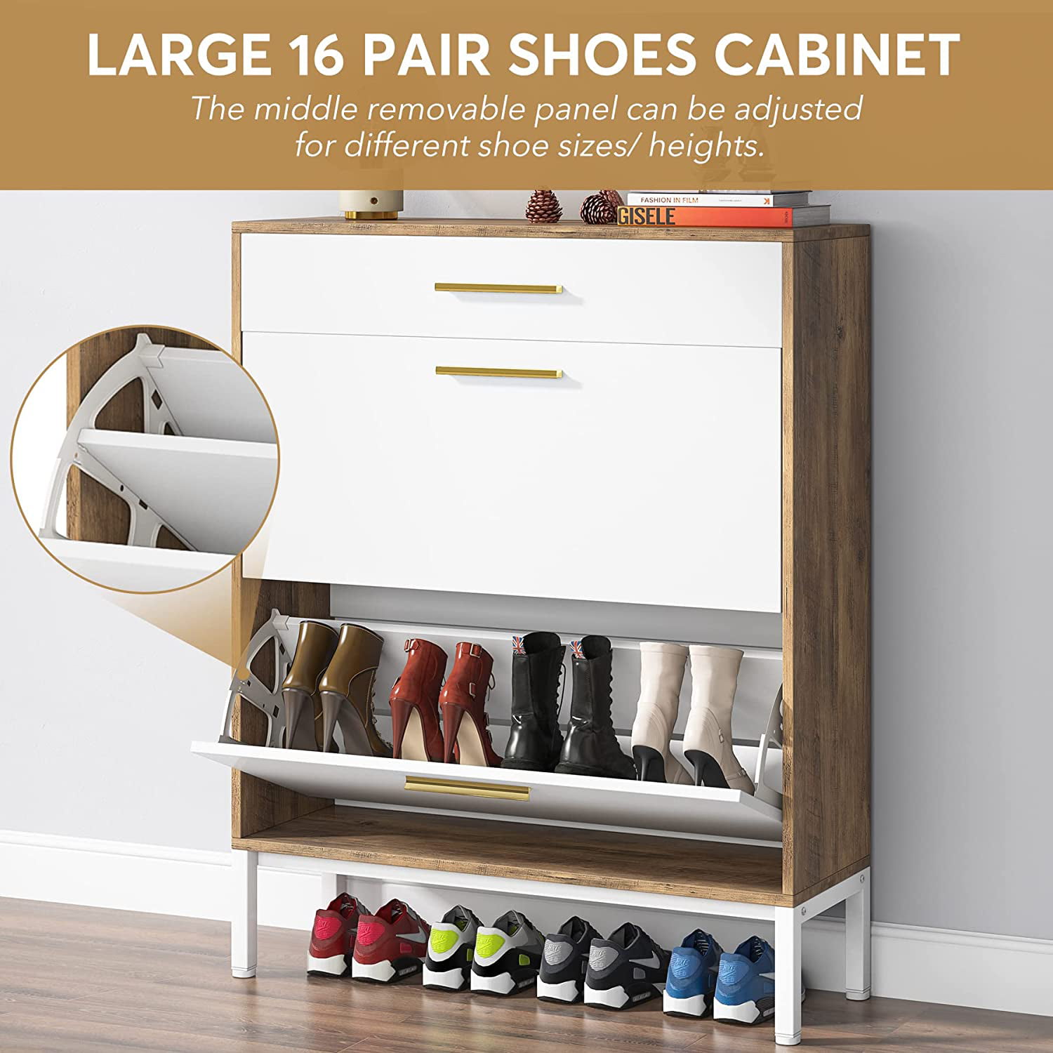 Narrow Shoe Cabinet, Shoe Organizer with Flip Drawer & 16 CubbiesDefault  Title