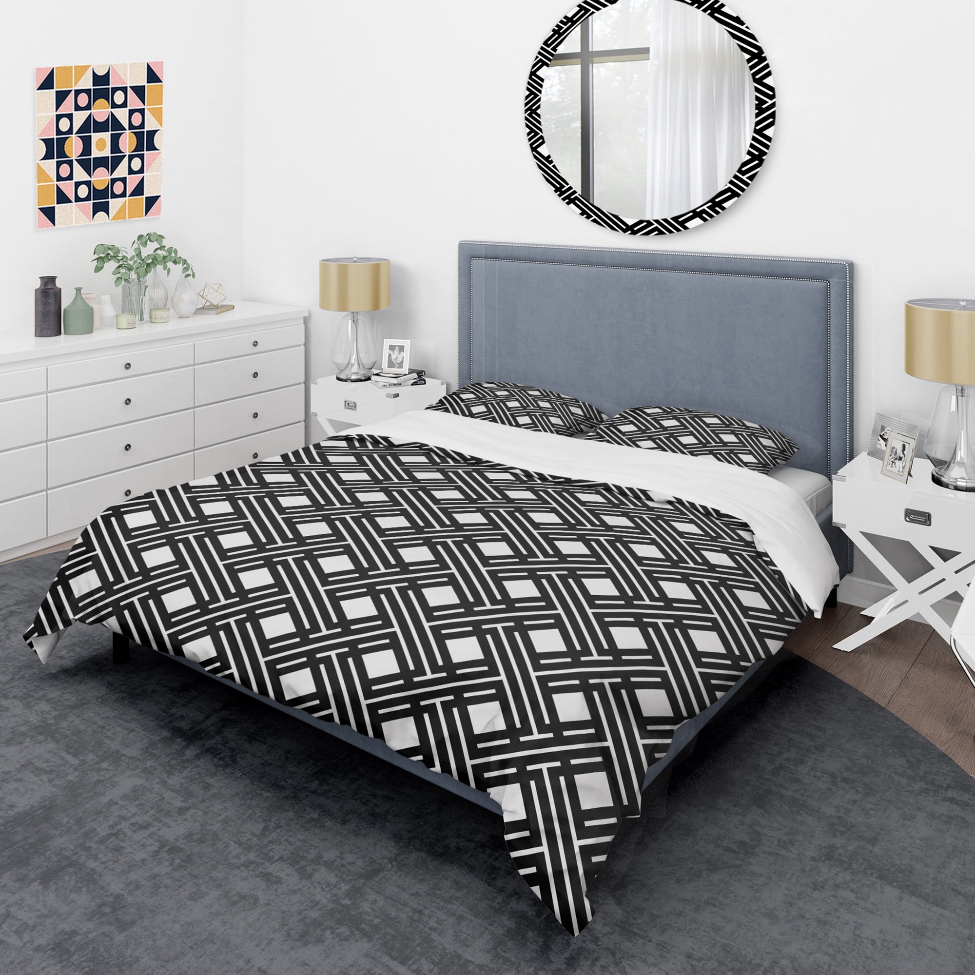 Designart 'Monochrome Geometric Pattern II' Mid-Century Modern Duvet Cover Set