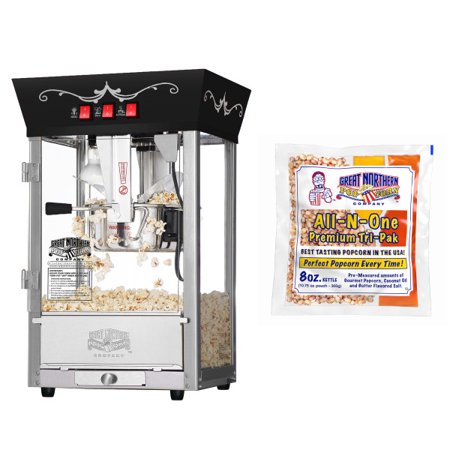 Matinee Countertop Popcorn Machine – 3 Gallon Popcorn Popper  8oz Kettle  Warmer  and 5 All-In-One Popcorn Packs by Great Northern Popcorn (Black)