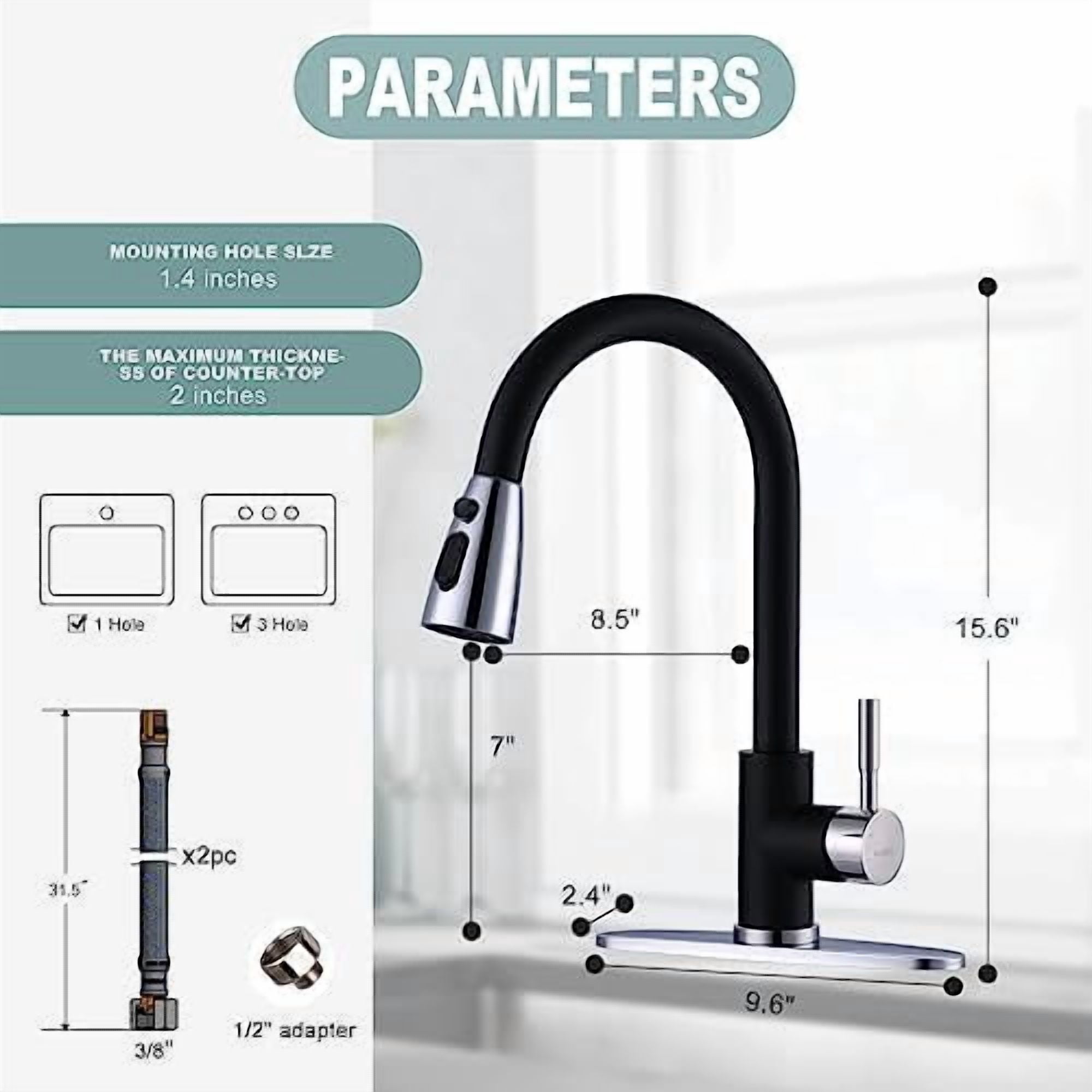 Black and Chrome Kitchen Faucet with Sprayer,  Stainless Steel Kitchen Sink Faucet High Arc Utility Sink Faucet 1 or 3 Hole, Kitchen Tap for RV, Laundry, Bar