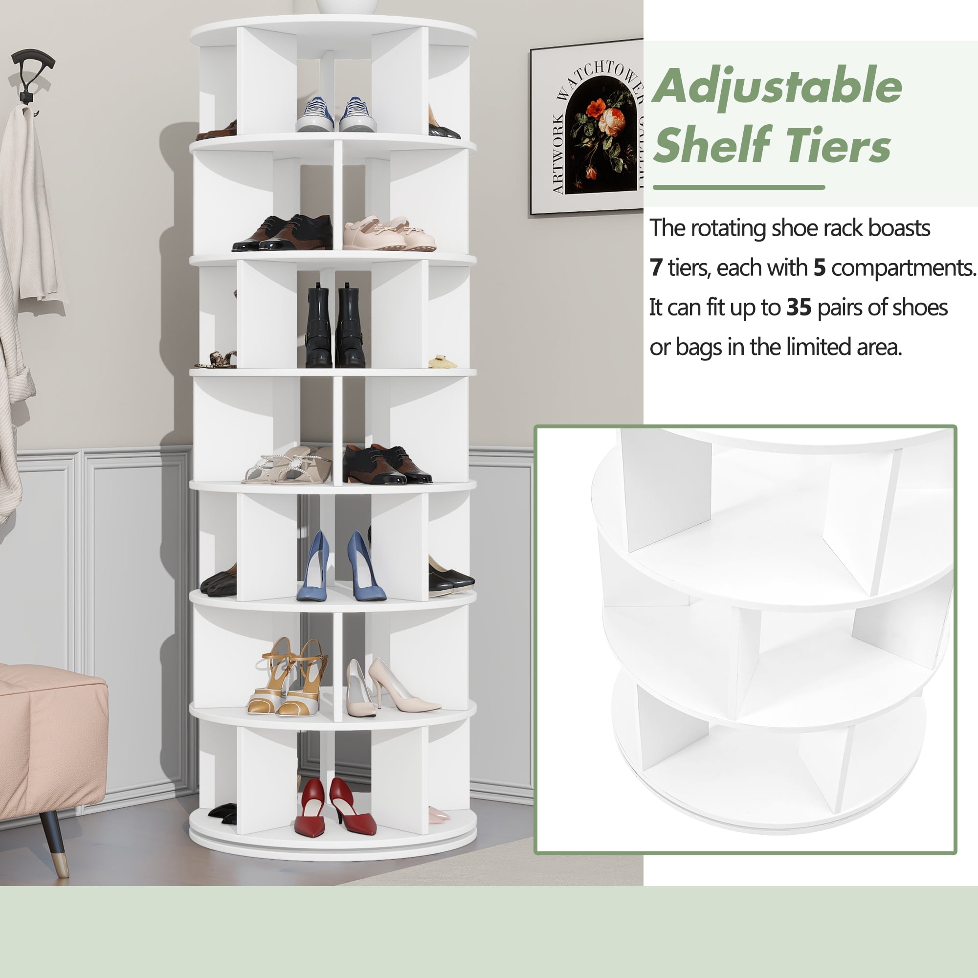 Euroco 360-Degree Rotating Shoe Rack Tower with Adjustable 7 Tiers and 35-Pair Capacity – Multifunctional Storage for Shoes, Bags, Hats, and Accessories