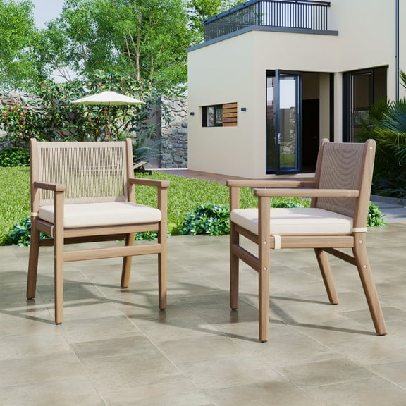 Clara Classic Solid Wood Outdoor Patio Dining Chairs with Rope Backrest, Removeable Cushions, Light Brown Beige, Set of 2