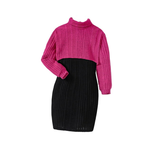 RKSTN Robe pour Fillettes Manches Longues (8-12 Ans) Col Roulé Manches Longues + Camisole Robe Noire Ensemble 2 Pcs