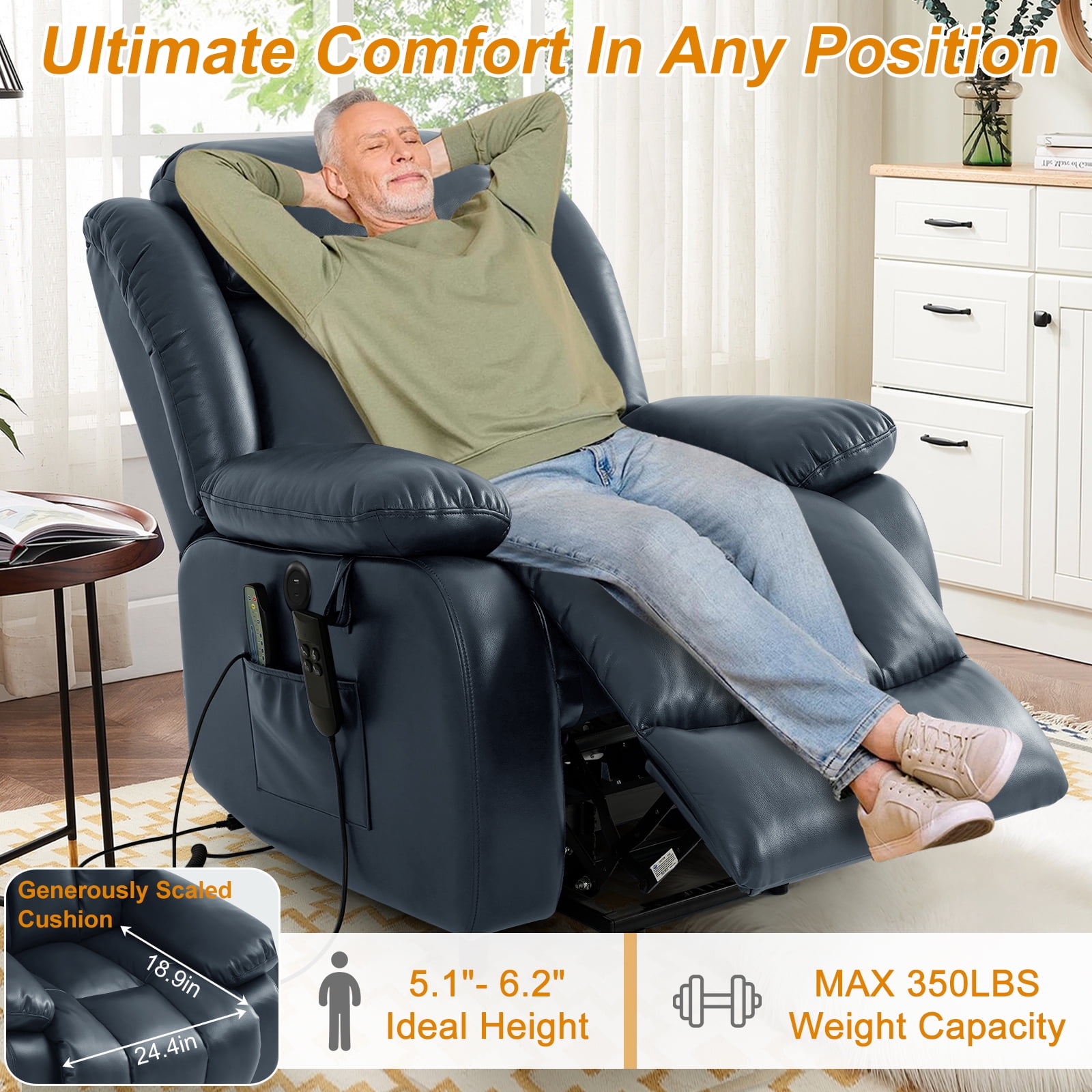 INGALIK Power Lift Recliner Chair Dual Motor, Infinite Position Lay Flat Recliners for Adult & Elderly with Heat & Massage, Large, Type-C Charge, Lumbar Pillow for Living Room, Leather (Blue)