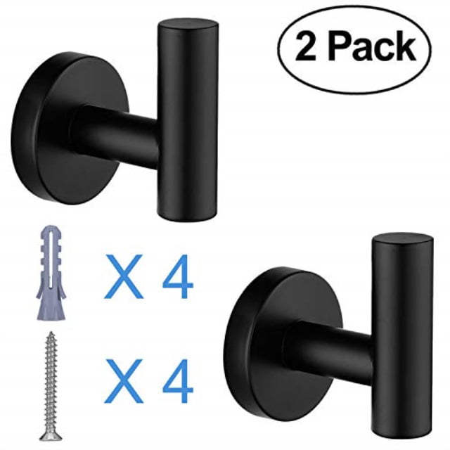 Black 2 PCS Stainless Steel Wall Mounted Towel Robe Cloth Bag Hook for Bathroom Bedroom Kitchens Square