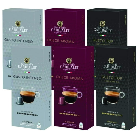 6 packs (10 units per pack) - Garibaldi capsules (compatible with Nespresso® machines) - variety pack (60 pods total)