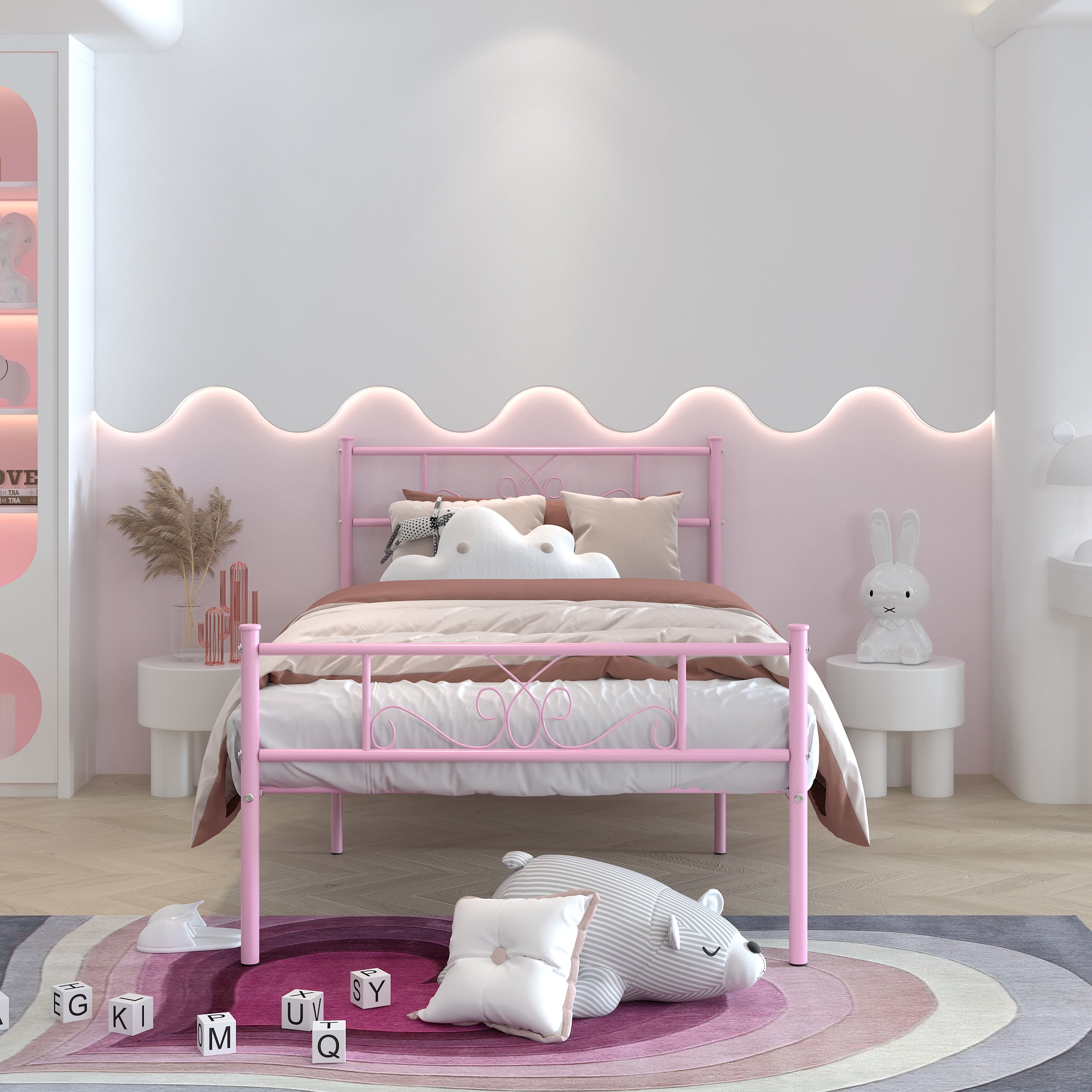 Yoneston Twin Size Metal Platform Bed Frame with Headboard, 12.7” Single Bed Frame for Kids, Teens, Adult Bedroom Furniture, Pink