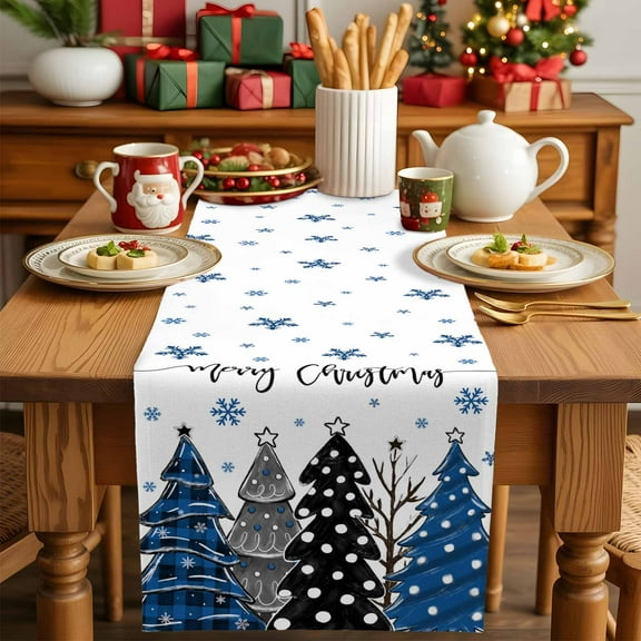 Merry Christmas Tree Blue Plaid Table Runner 13x90in Non-Slip Cotton Linen Table Runners, Winter Snowflakes on White Dresser Scarves TableRunner for Dinner Kitchen Dining Wedding Party