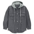 thumbnail image 3 of Women's Oversized Denim Jacket with Hood Long Sleeve Button Up Jean Jackets Frayed Hem Shacket Retro Western Boyfriend Coat, 3 of 6