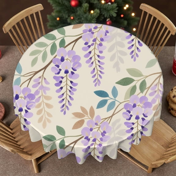 1pc Vintage Purple Lavender Flower Floral Print tablecloth round, Holiday-Themed Design Festive Table Setting, Vintage Purple Lavender Flower Floral