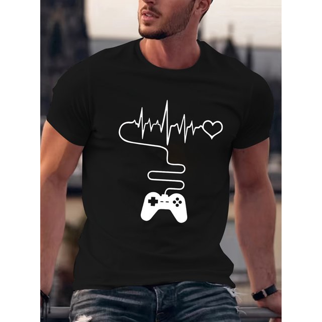Men's Game Controller And Heartbeat Print T-shirt, Crew Neck And Short Sleeve Tee, Casual And Stylish Leisure Tops For Summer Street And Daily Wear, Casual Sporty Tee, Summer Gifts