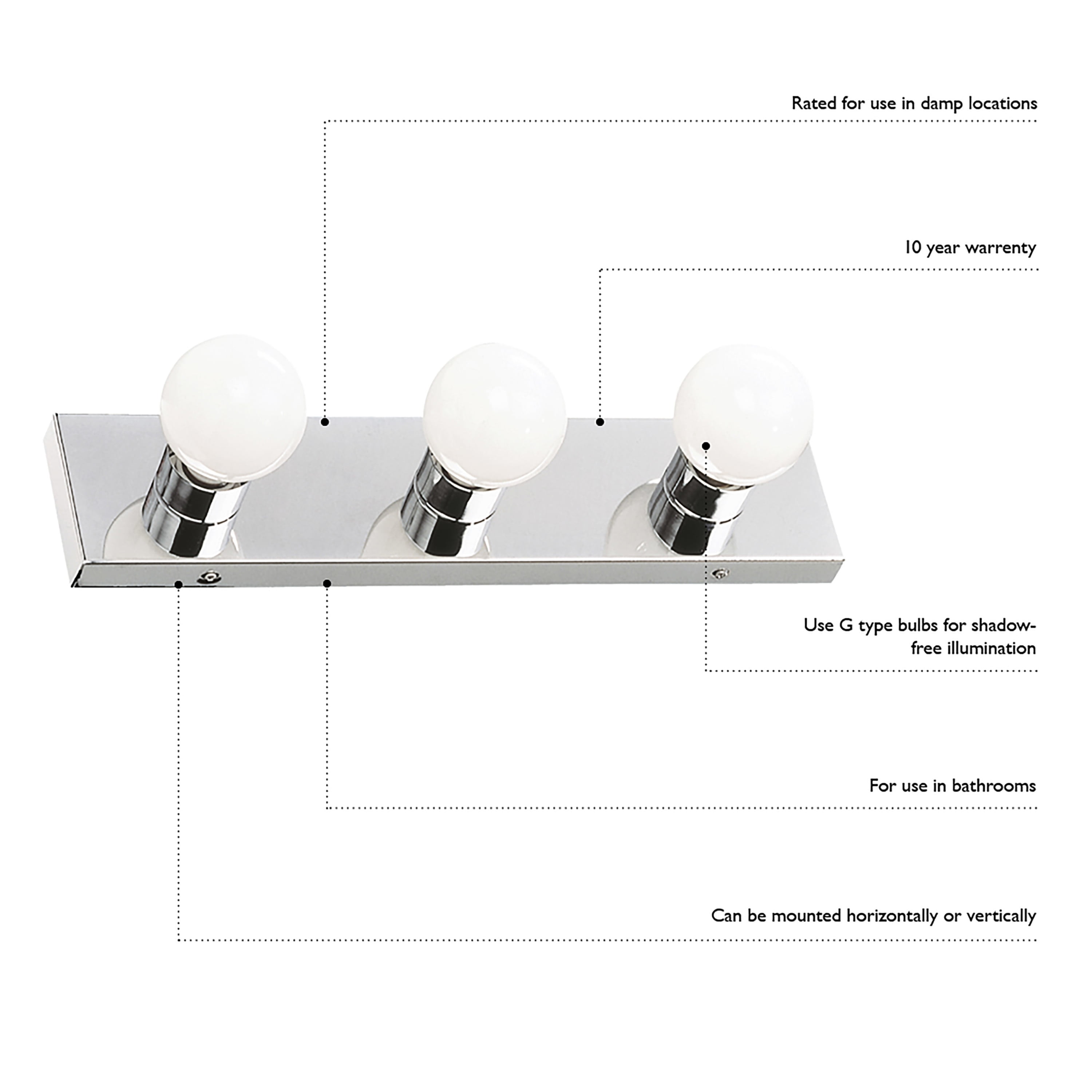 Design House Strip 3-Light Dimmable Contemporary Vanity Light, Polished Chrome
