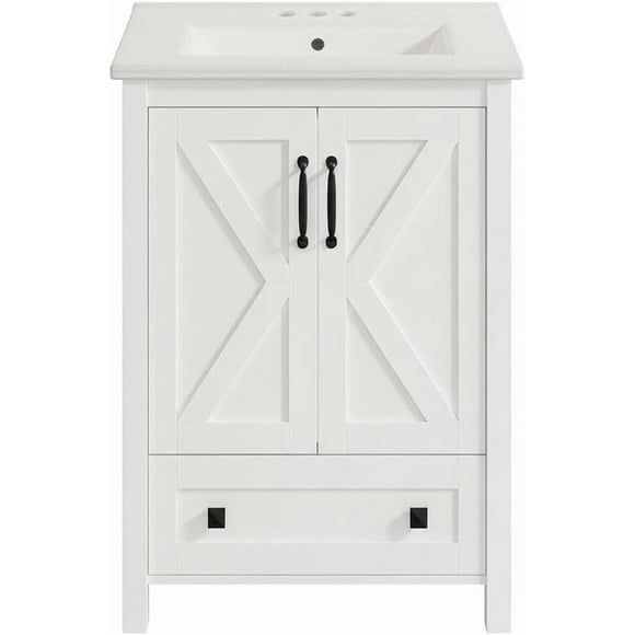 YUSAZENS 24 Inch Contemporary Bathroom Vanity with Ceramic Sink, Freestanding Vanity Cabinet with 2 Doors & Drawer, White