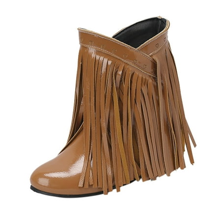 

ZMHEGW Boots for Women Autumn Winter Large Size Tassels Round Head Raised Inner Short Boots Shoes