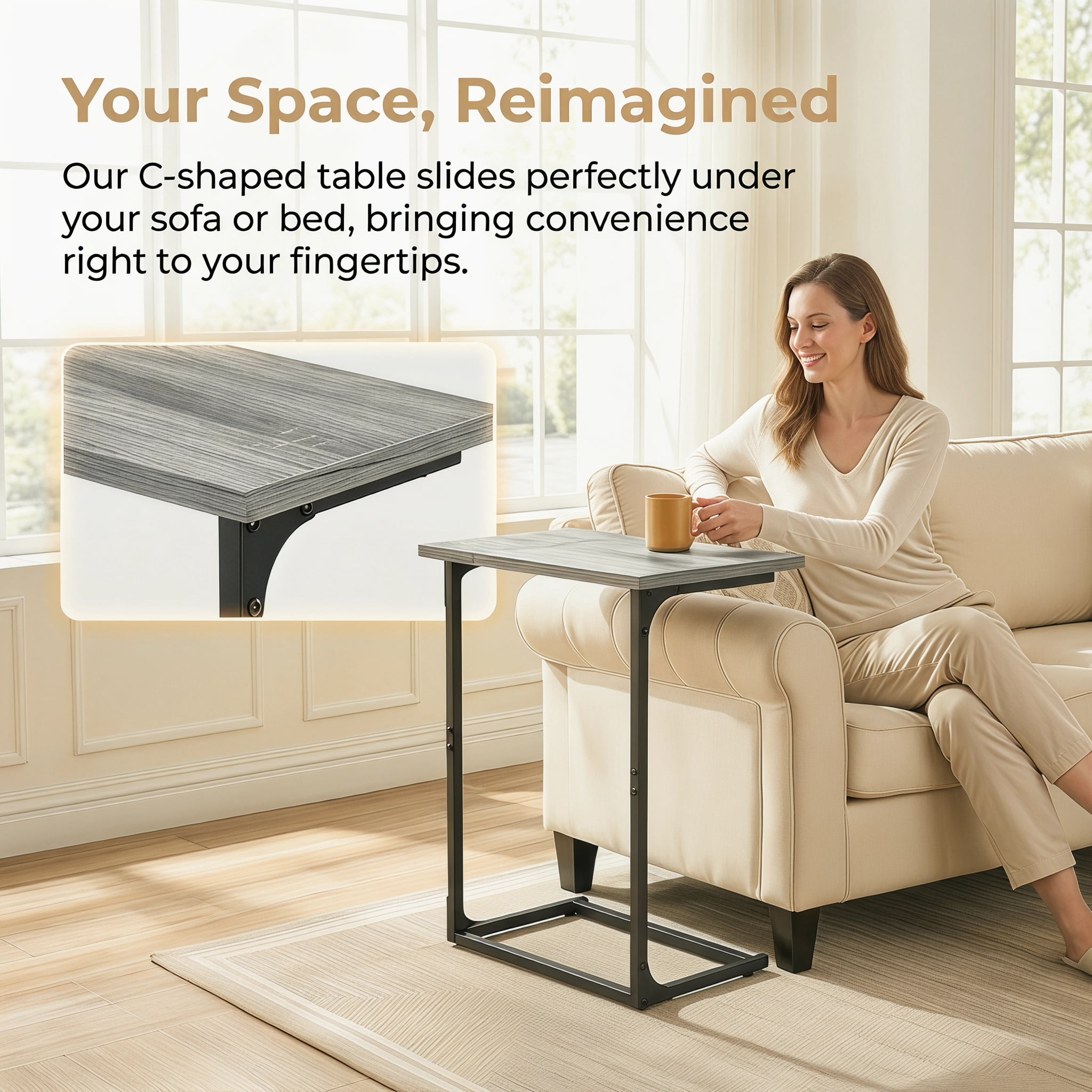 CHITOOMA C Shaped End Table, Adjustable Side Table, Marble Finish