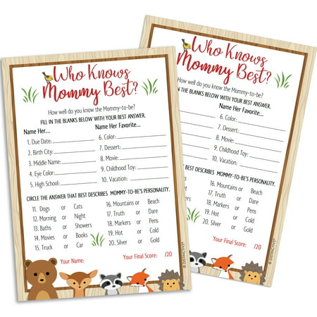 Woodland Baby Shower Game for 20 Guests - Who Knows Mommy Best Woodland Creatures Animals Theme Baby Shower Supplies - 20 Game (Best Baby Shower Game Gifts)