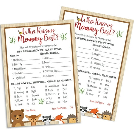 Woodland Baby Shower Game for 20 Guests - Who Knows Mommy Best Woodland Creatures Animals Theme Baby Shower Supplies - 20 Game (Best Places To Register For Baby Shower 2019)