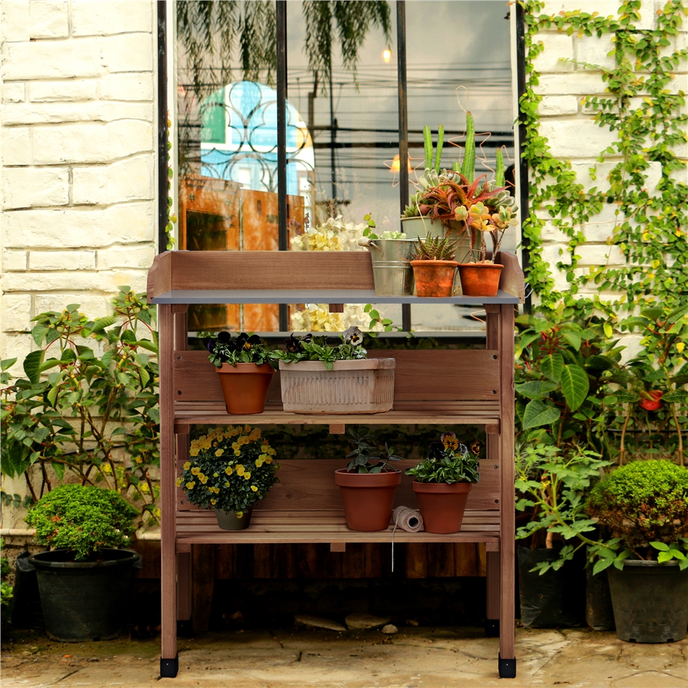 Renwick Outdoor Potting Bench Table with Storage Shelf, Brown