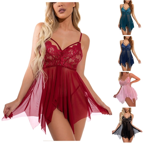 Puntoco Women Lingerie Lace Babydoll Mesh Nightgown Chemise Boudoir Nighty Sleepwear