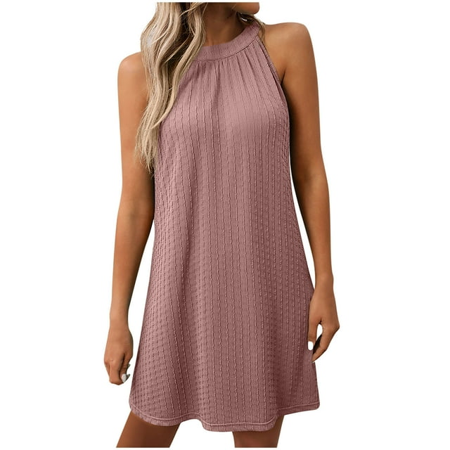 hotojiny Robes d'Été pour Femmes Respirantes Ajourées à Col Licou Mini Robes Boho Sans Manches Robe de Plage Couvre-Bikini U.S