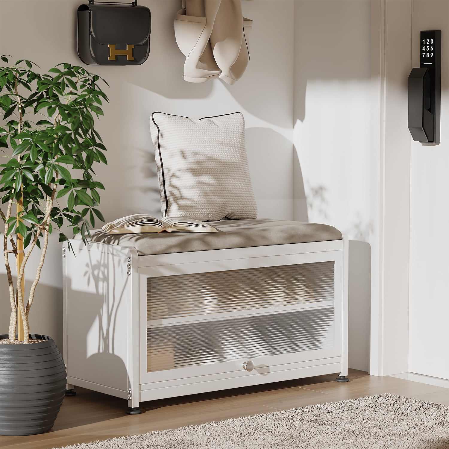 Innovaze Metal Shoe Rack bench with Cushion Seat, Shoe Cabinet for Entryway, White