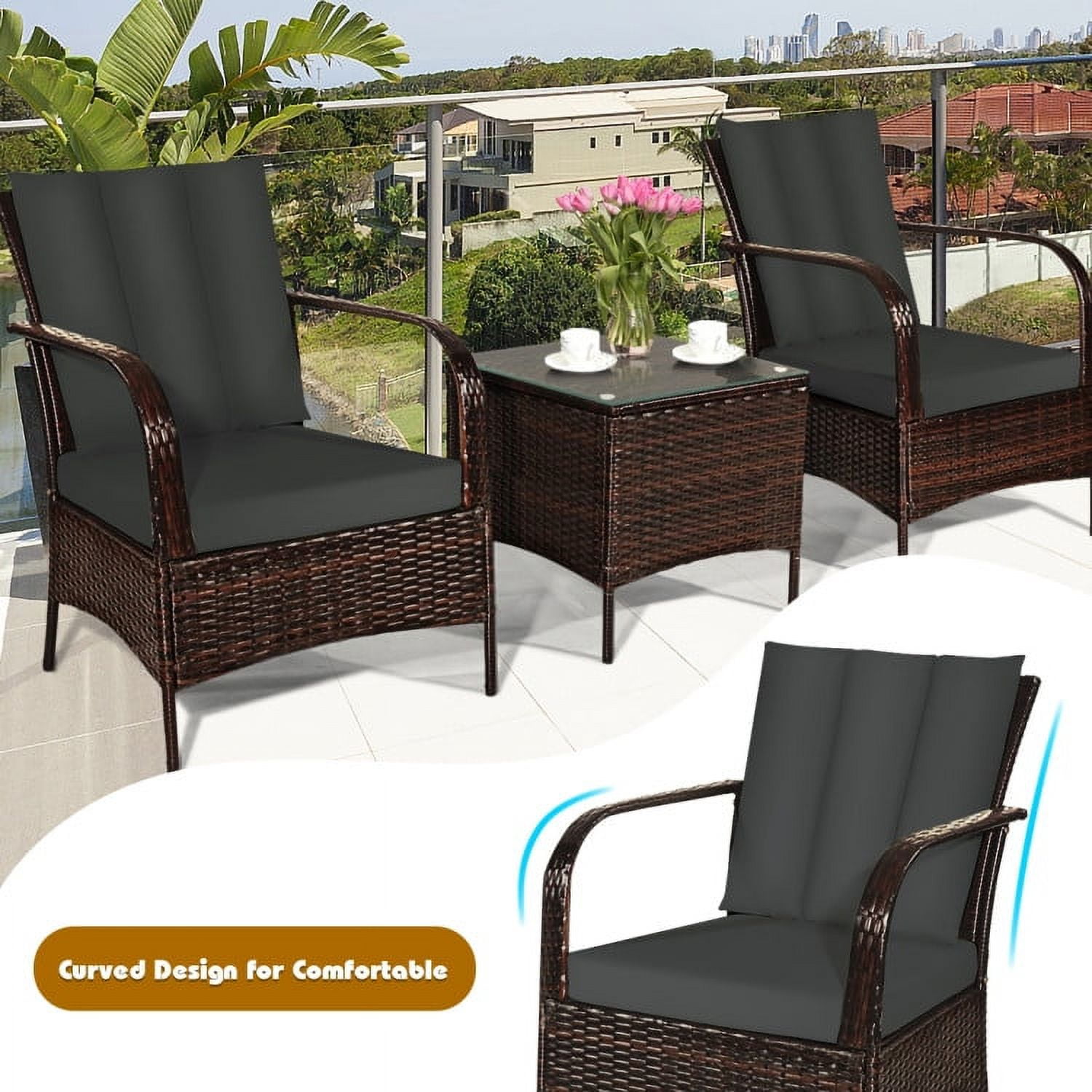 Aimee Lii 3 Pcs Patio Conversation Rattan Furniture Set, Small Patio Set with Glass Top Coffee Table and Cushions, Gray Aimee Lii 3 Pcs Patio Conversation Rattan Furniture Set, Small Patio Set with Glass Top Coffee Table and Cushions, Gray