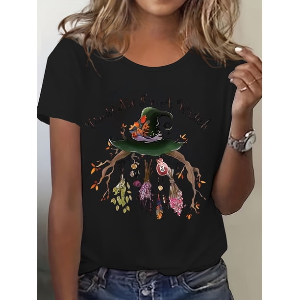 Halloween T-shirt - Women'S Witch-Themed Graphic Tee - "Trust Me, i'm a Witch" Print with Hat, Broom, and Herbs Design, Casual Crew Neck Short Sleeve T-Shirt for all Seasons, Witches appare
