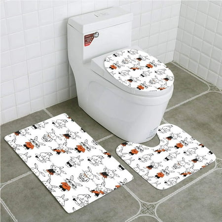 GOHAO Funny Cute Retro Bunny Rabbits Costumes Jack Hare Funky Bunnies Carrot Sketch 3 Piece Bathroom Rugs Set Bath Rug Contour Mat and Toilet Lid Cover